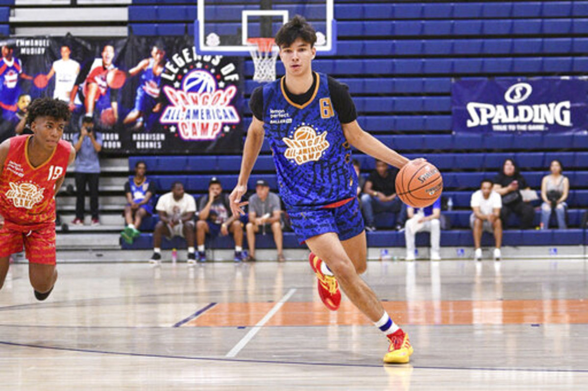 Andrej Stojakovic drives to the basket during the Pangos All-American Camp on June 5, 2022 at the Bishop Gorman High School in Las Vegas, NV.